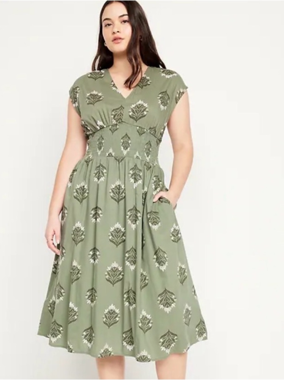 Old Navy Waist-Defined Midi Dress, Olive Green - Picture 7 of 8